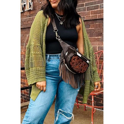 Spinach Green Oversize Crochet Knit Open Cardigan