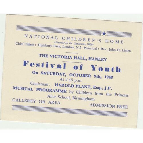 Hanley Stoke on Trent 1948 Festival of Youth, National Children's Home ticket
