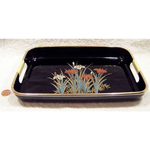 1950's Vintage Black Two Handled Metal Floral Designed Serving Tray +Bonus!
