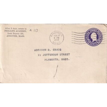 United States 1934 Phillips Academy Andover MASS-Plymouth MASS Cover typed VGC