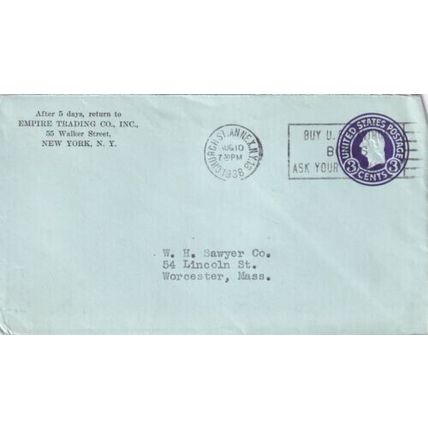 United States 1938 Empire Trading Co Inc.New York NY-Worcester MASS Cover Typed