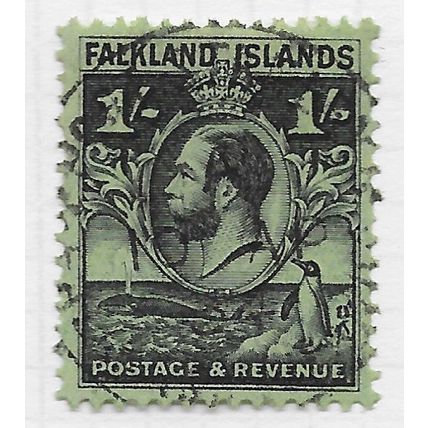 FALKLAND 1929 KG5 WHALE & GENTOO PENGUINS ONE SHILLING SG122 122 SG USED
