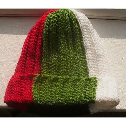 Handmade Crochet Beanie Hat in red, green, black, white acrylic yarn,