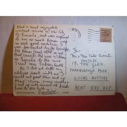 EXCHEQUER GATE, LINCOLN used vintage postcard 1985 pm =