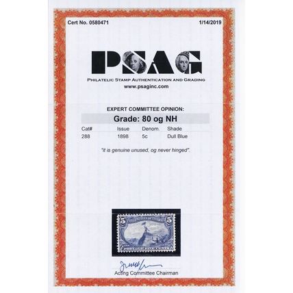 288, Mint NH VF 5¢ - With PSAG Certificate * Stuart Katz