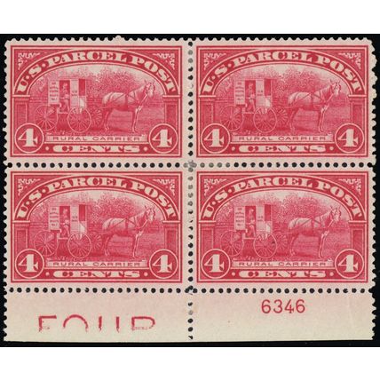 Q4 Mint F-VF HR 4¢ - Plate Block of Four Parcel Post SCV $325 - Stuart Katz