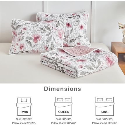 Flysheep Botanical Quilt Set King Size 3 Pieces, Blush Pink and Grey Flowers Pri