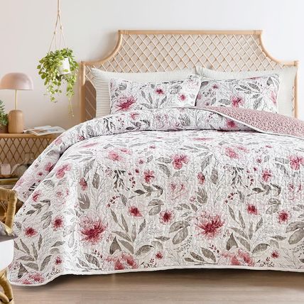 Flysheep Botanical Quilt Set King Size 3 Pieces, Blush Pink and Grey Flowers Pri