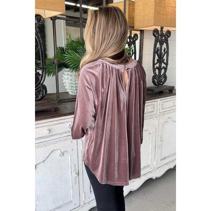 Rose Tan Button Keyhole Back Velvet Swing Top