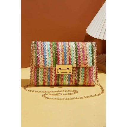 Strawberry Pink Bohemian Woven Gold Chain Shoulder Bag