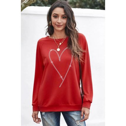 Fiery Red Rhinestone Heart Shaped Long Sleeve Sweatshirt
