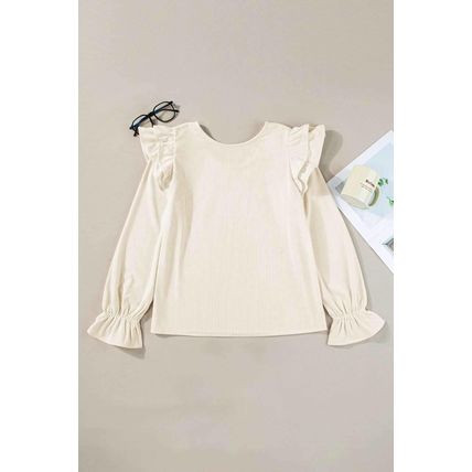 Beige Ruffled Flounce Sleeve Corduroy Blouse