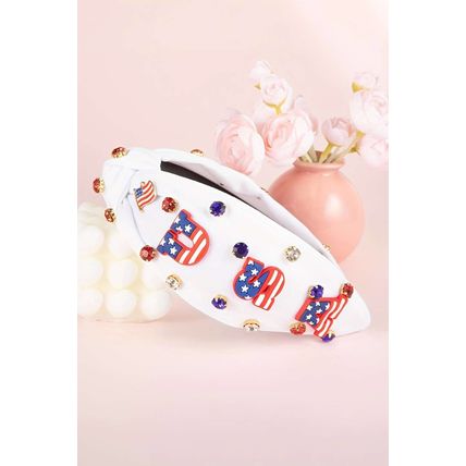 White USA Flag Gemstone Decor Knotted Wide Headband