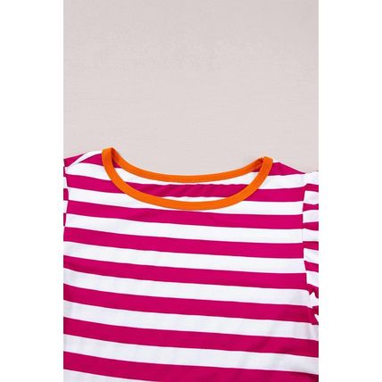 Rose Red Striped Ruffle Sleeve Crew Neck Blouse