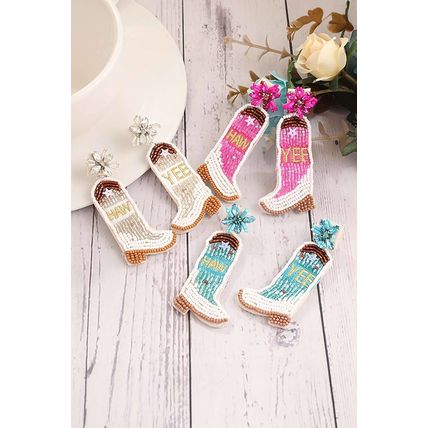 Light Blue Cowboy Boots Rice Bead Dangle Earrings