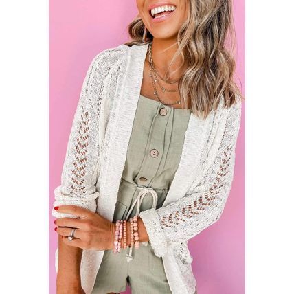 White Plus Size Eyelet Knit Open Front Cardigan