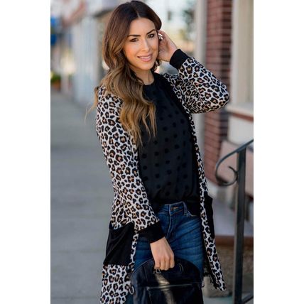 Black Leopard Patched Pocket Open Front Cardigan