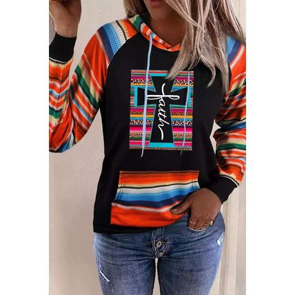 Multicolor Faith Western Serape Striped Patchwork Loose Hoodie