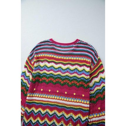 Rose Red Colorblock Striped Hollowed Knit Loose Sleeve Sweater