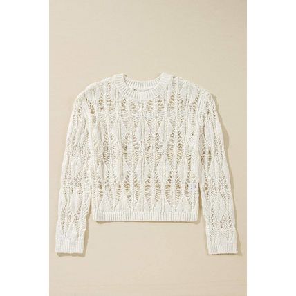 White Cut Out Crochet Crew Neck Loose Fit Sweater