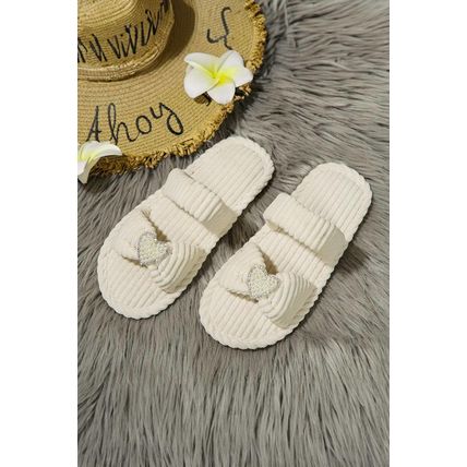 White Pearled Heart Shape Ribbed Flat Slippers