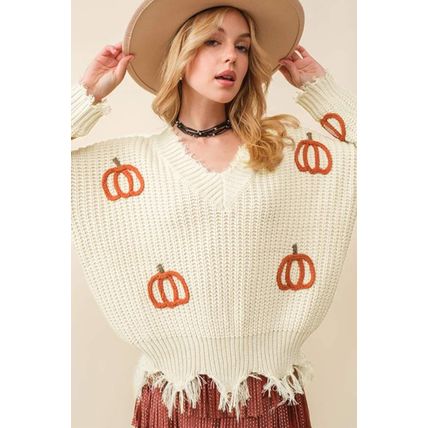 Beige Cable Knit Pumpkin Raw Hem V Neck Loose Sweater