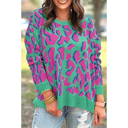 Green Abstract Print Ribbed Trim Baggy Sweater