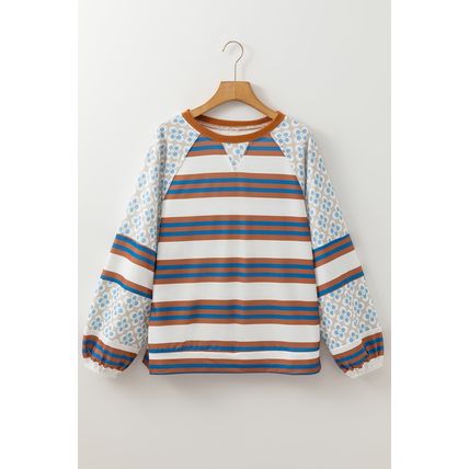 White Striped Floral Printed Patchwork Lantern Sleeve Blouse