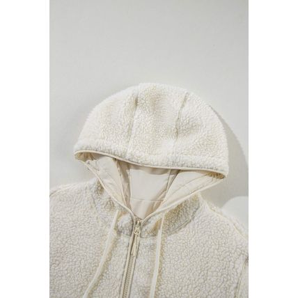 Beige Fleece Zip Up Drawstring Hooded Pocketed Jacket