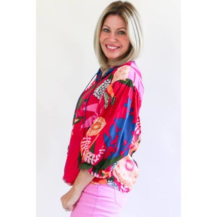 Rose Blooming Flower Print Ruffled Puff Sleeve Blouse