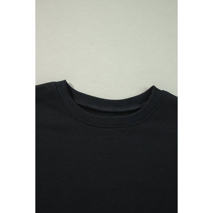 Black Solid Crew Neck Drop Shoulder Plus Size Sweatshirt