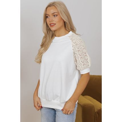 White Lace Crochet Short Sleeve Round Neck T Shirt