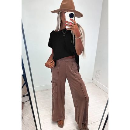 Black Solid Color Sweater Tee with Side Slits