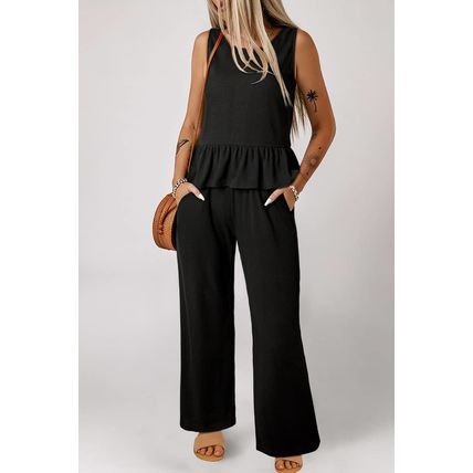 Black Solid Color Ribbed Ruffle Tank Top and Pants Set