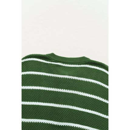 Green Stripe Henley Buttoned Placket Drop Shoulder Bracelet Sleeve Knit Sweater
