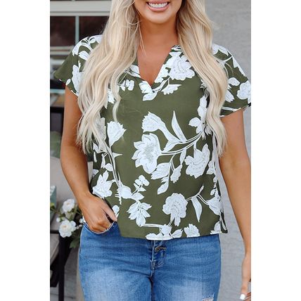 Green Floral Print Split Neck Short Sleeve Blouse