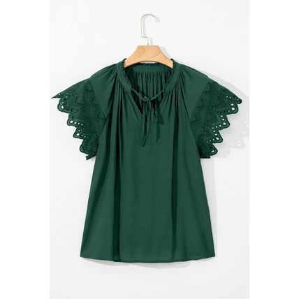 Green Bay Eyelet Embroidered Sleeve Tie V Neck Blouse