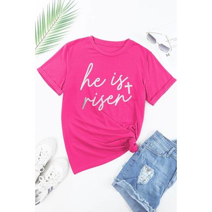 Rose Red Glitter he is risen Cross Printed Crewneck Tee