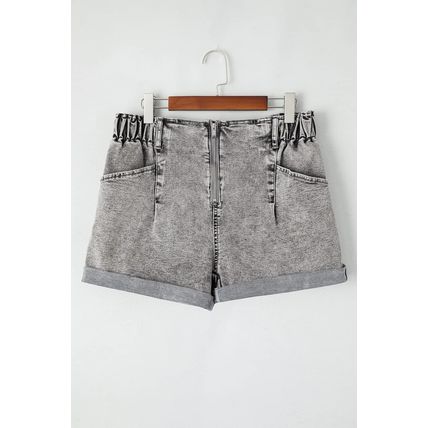 Gray Zipped Light Wash Cuffed Edge Denim Shorts