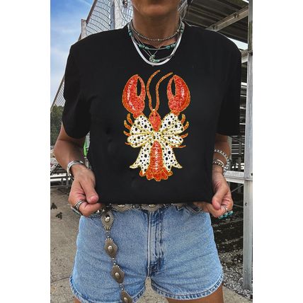 Black Dotty Bow Knot Crawfish Printed T Shirt