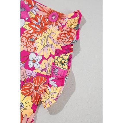 Rose Plus Size Floral Print Ruffle Short Sleeve Blouse