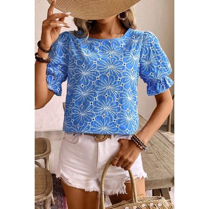 Sky Blue Eyelet Flower Embroidery Frilled Short Puff Sleeve Blouse