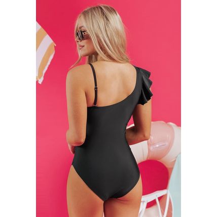 Black Asymmetric Ruffle Shoulder Pleated One Piece Swimsuit