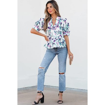 Purple Floral Ricrac Trim Half Sleeve Peplum Top