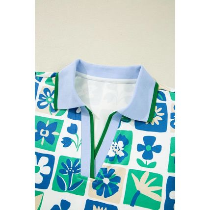 Green Floral Plaid Colorblock Trim Collar Flutter Sleeve Blouse