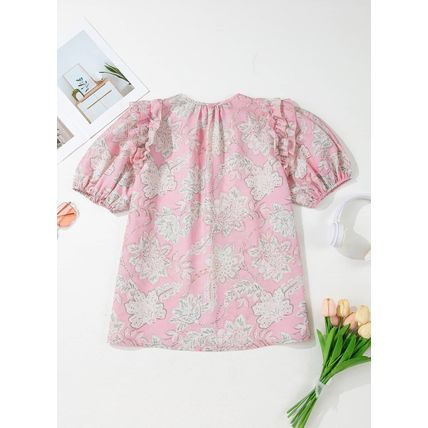 Pink Floral Print Drawstring V Neck Puff Sleeve Loose Blouse