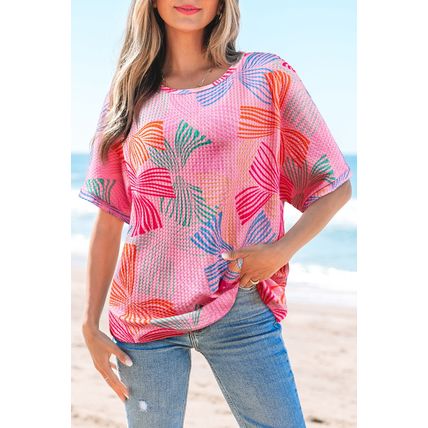 Pink Bowknot Printed Waffle Crewneck Loose Short Sleeve Top