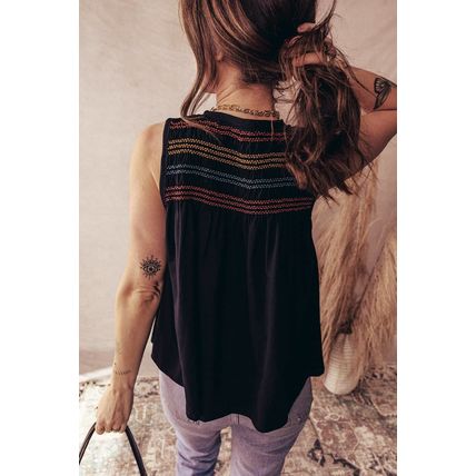 Black Colorful Shirred Yoke Notched V Neck Tank Top
