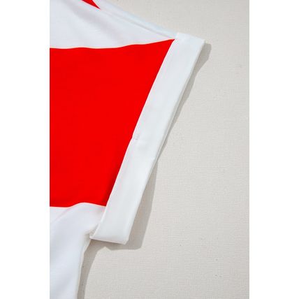 Red Stripe Collar V Neck Cuffed Dolman Short Sleeve Top