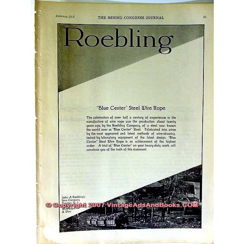 JOHN A ROEBLING SONS CO 1928 Blue Center steel wire rope vintage ad2